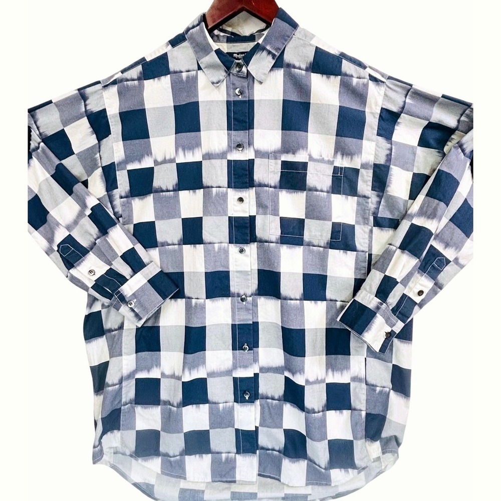 Madewell 1937 Button Down Shirt Women M Navy Blue Ivory Ikat Buffalo Check Plaid